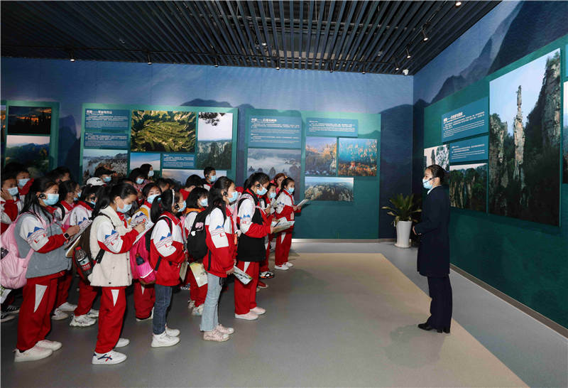 學生在湖南省張家界市武陵源區世界地質公園博物館參觀。吳勇兵攝
