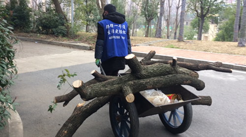 “斗車哥”在搬運樹木。受訪單位供圖
