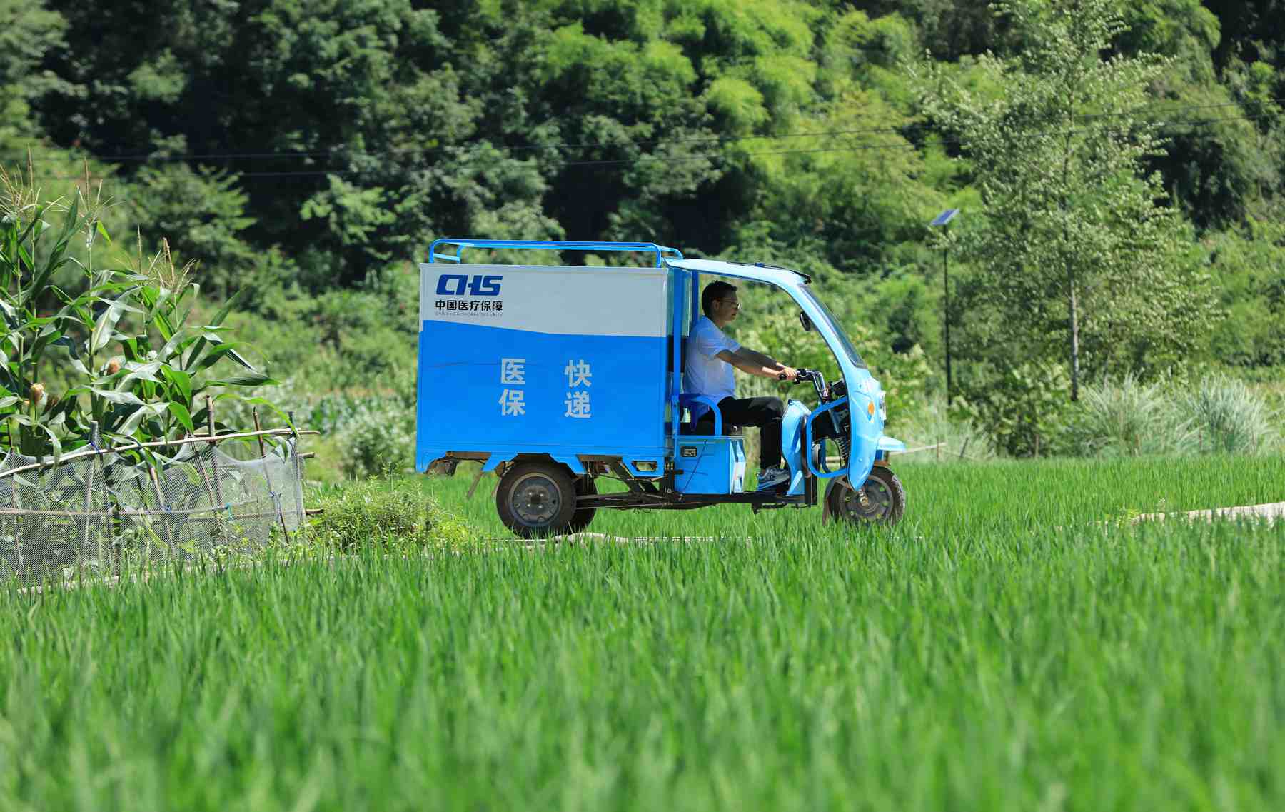 2022年7月5日，湖南张家界市武陵源区天子山街道办事处黄河村村干部、首任“医保快递员”彭涛驾驶电动车行驶在进村入户的路上。吴勇兵摄