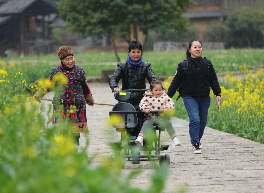 图三：2月17日，游人在张家界市武陵源区黄龙洞景区的油菜花间游玩。吴勇兵摄