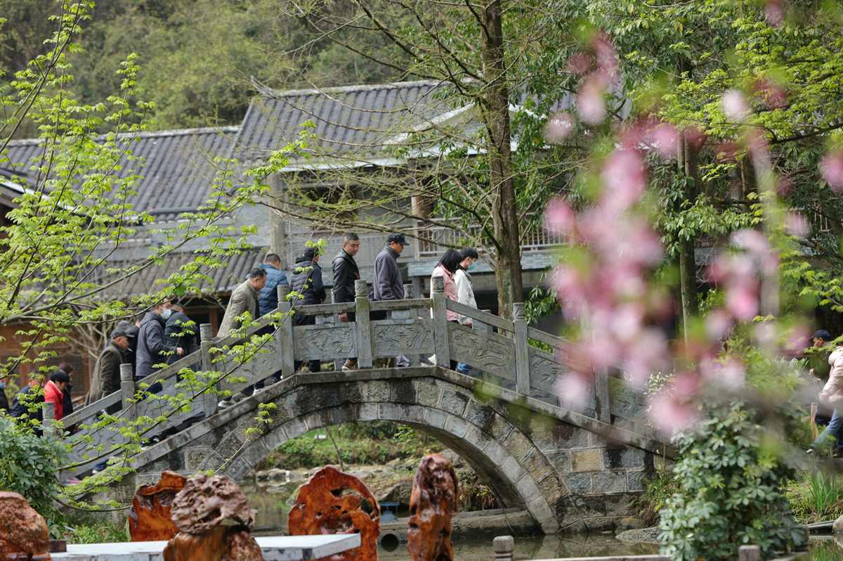 游人在湖南张家界市黄龙洞景区踏青游玩。吴勇兵摄