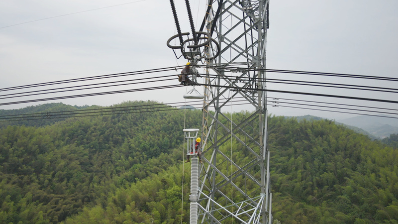 超高压输电公司检修人员在±800千伏雅湖线2833号进行加装避雷器。受访单位供图