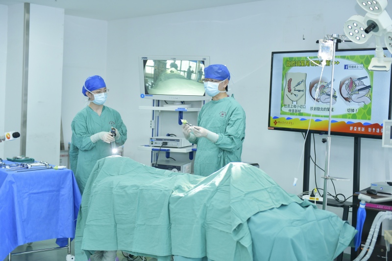 普外一科副主任医师陈立健（右一）讲解腹腔镜下阑尾炎手术操作。姚家琦摄