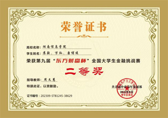 湖南信息学院学子在第九届“东方财富杯”全国大学生金融挑战赛中再创佳绩。单位供图