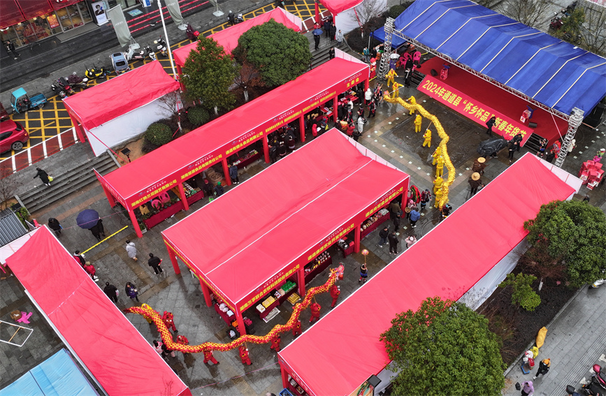 2024年2月3日，湖南省通道侗族自治县城东年货市场上的舞龙表演。李尚引摄