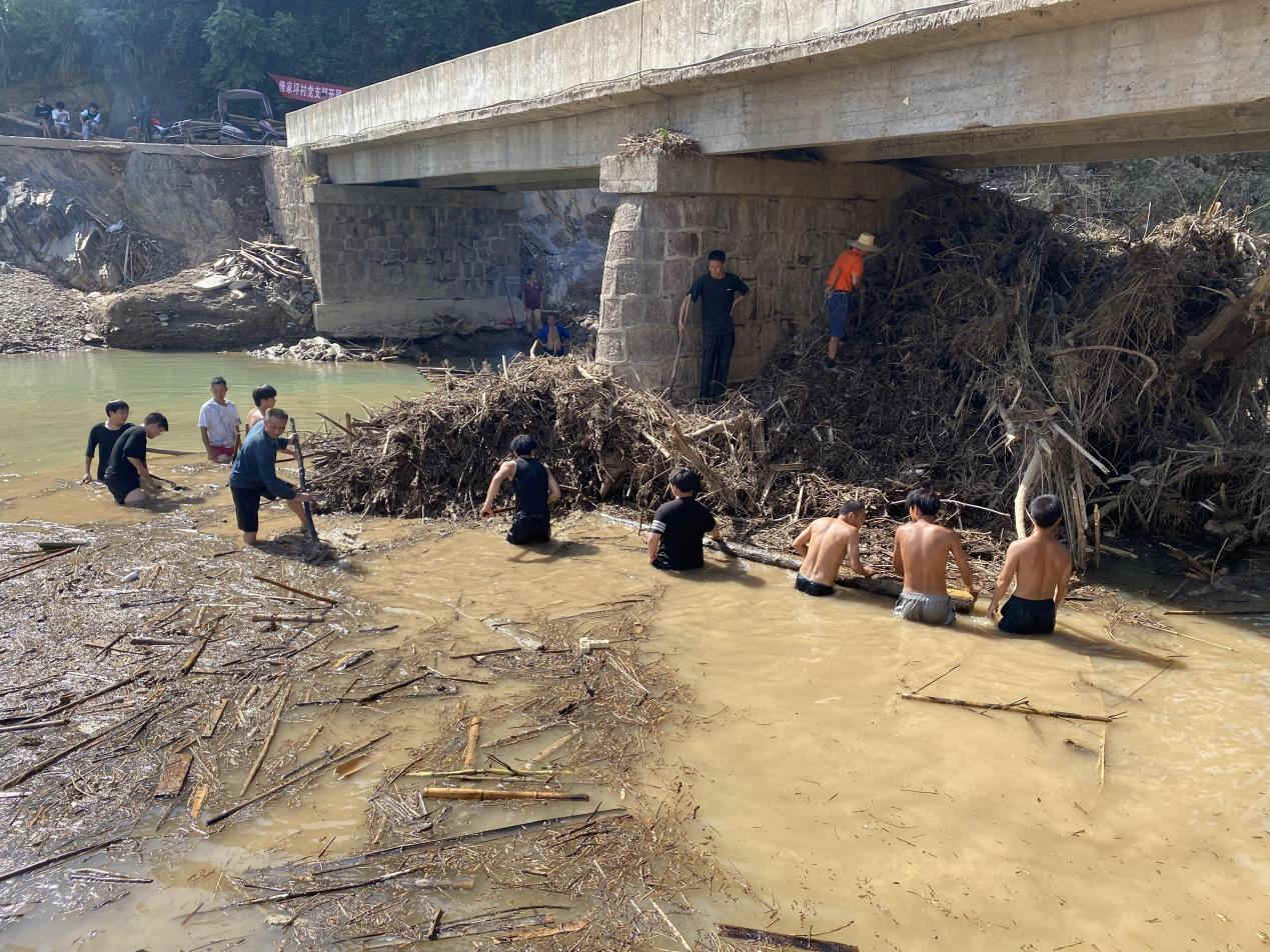 党群同心，不畏泥泞，合力搬除堵塞河道的断树残枝。郝杰 摄