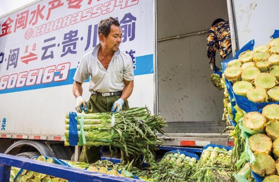 江華日日興生物科技公司蔬菜出口基地蔬菜正在裝車准備外運。李忠林攝