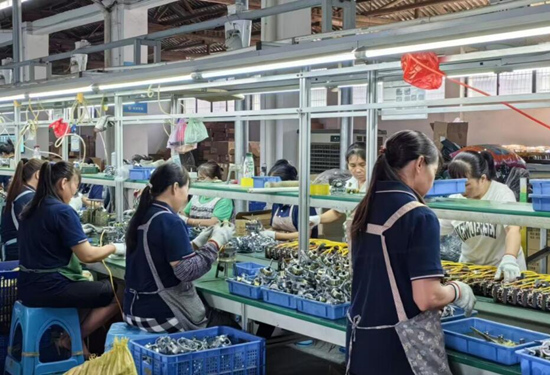 數十名婦女正在扶貧車間工作台前緊張忙碌地作業。受訪單位供圖