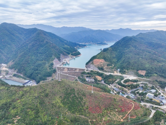 湖南省永州市江华瑶族自治县涔天河国家湿地公园，人们在枫林赏景游玩。受访单位供图