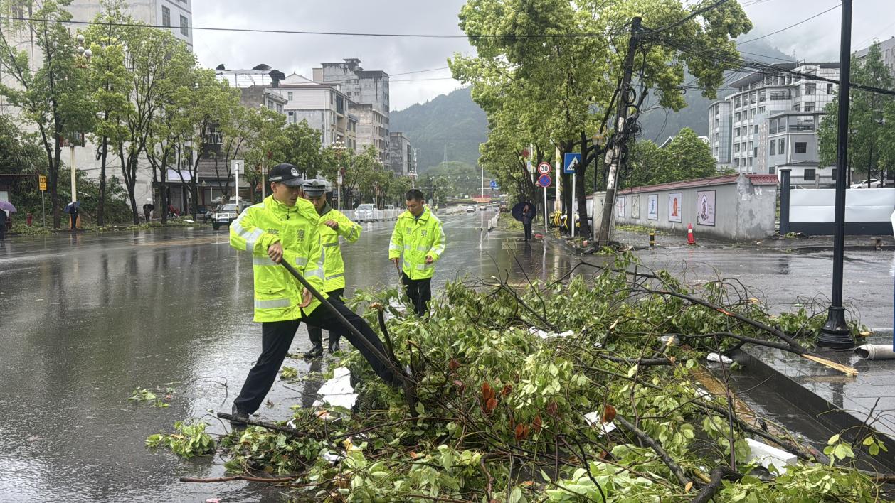 城南路段民輔警正清理路面樹枝（單位供圖）