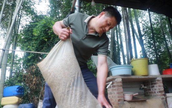谢光平正在为“虫草鸡”备食。受访单位供图