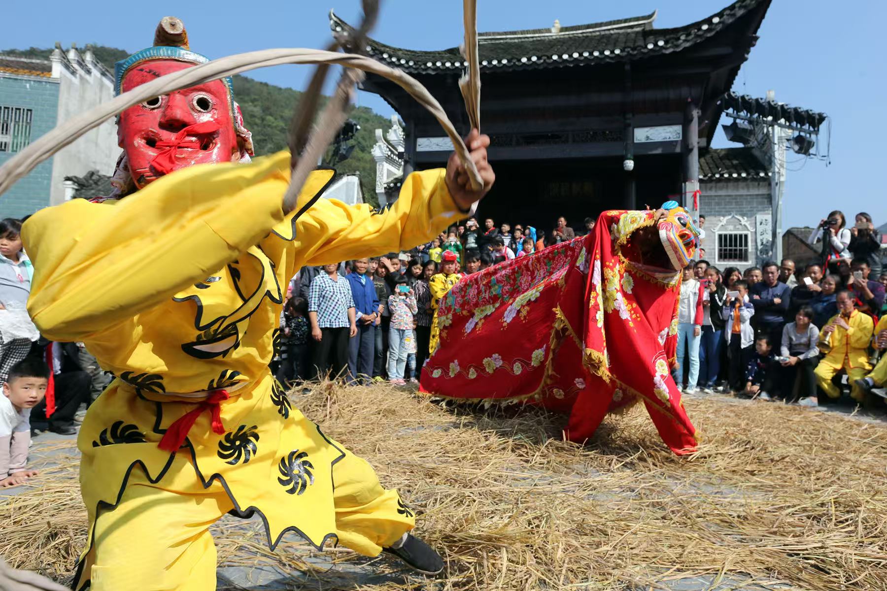 临武县水东镇油湾村民表演“打狮子舞”现场。陈卫平摄