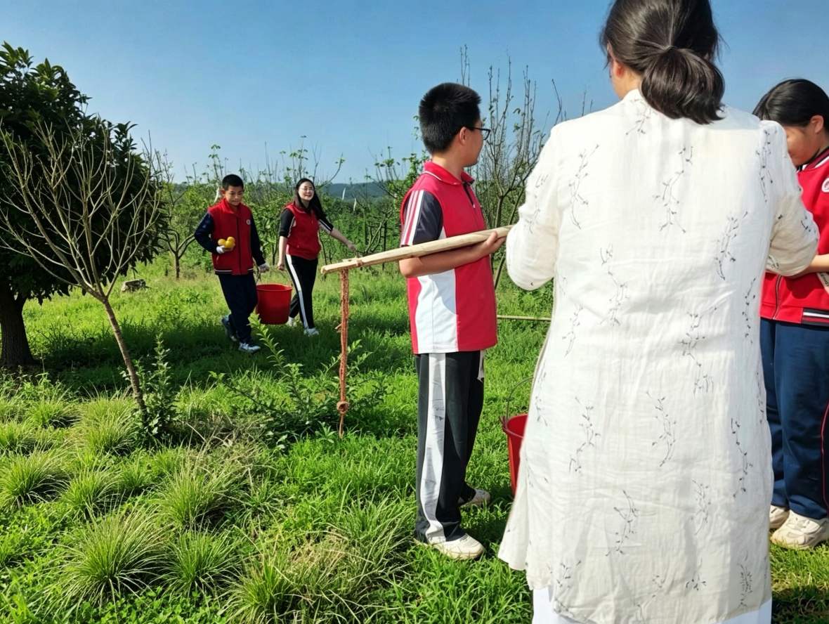 学生在果园体验采摘劳作 单位供图