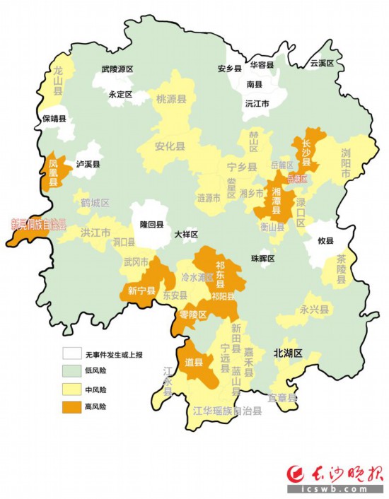 湖南省2016-2020年誤食有毒蘑菇中毒風險分級　　制圖/何朝霞